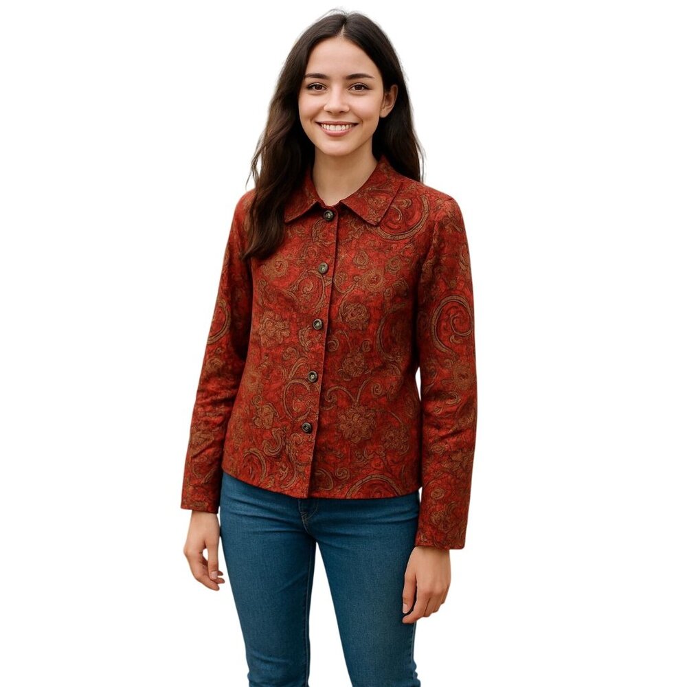 Vintage Y2K Red Gold Floral Paisley Tapestry Boho Blazer Jacket Size S Festival